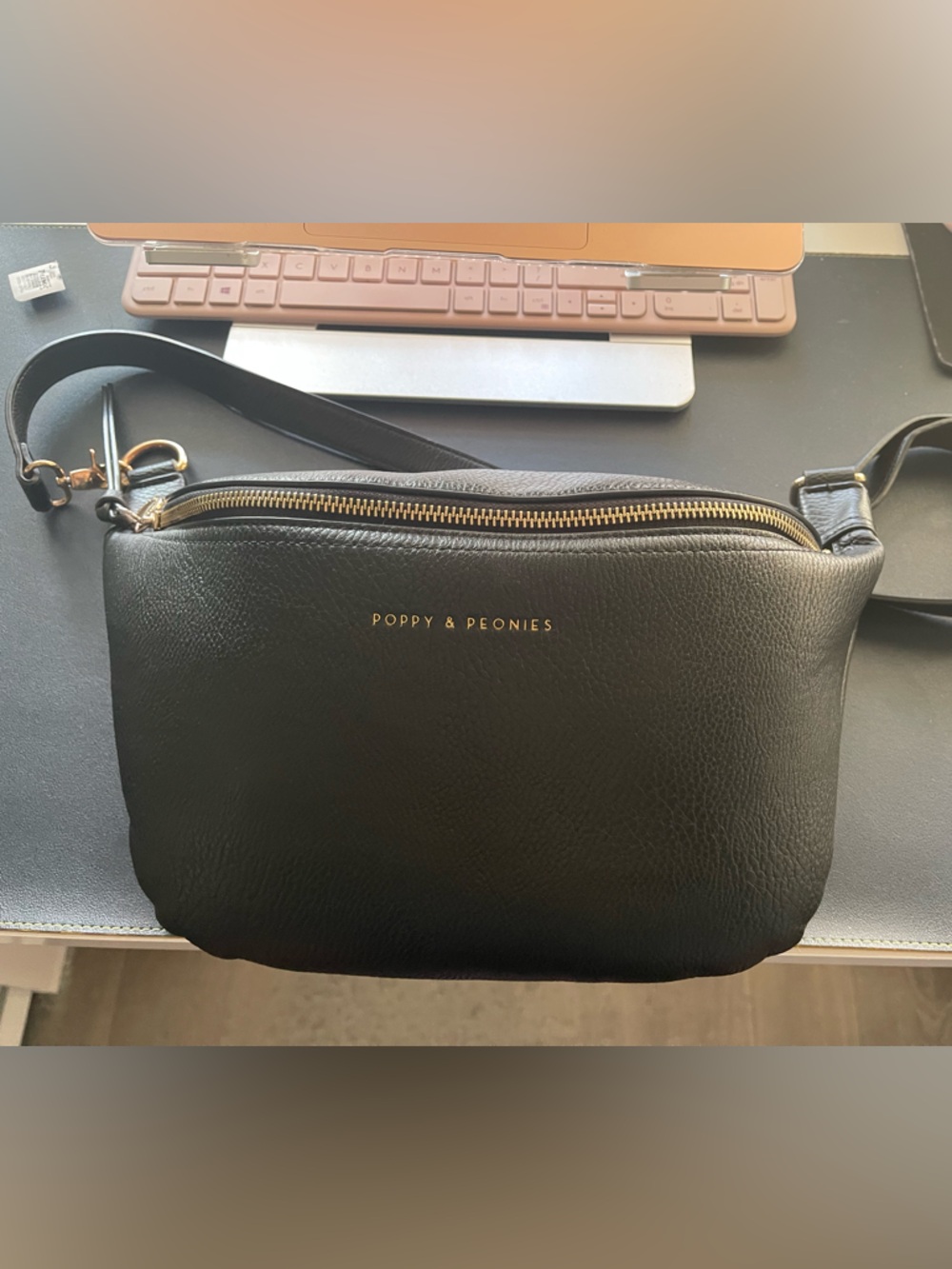 Poppy & Peonies Black Leather large sidekick with Gold Hardware